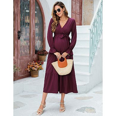Women's Long Sleeve Wrap V Neck Boho Dress Ruffle Flowy Maxi Vacation Maternity Dresses