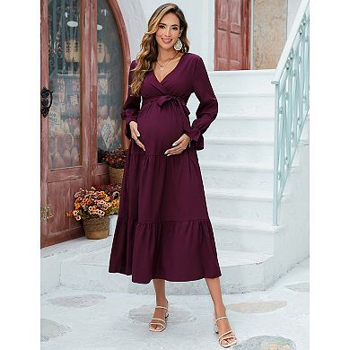 Women's Long Sleeve Wrap V Neck Boho Dress Ruffle Flowy Maxi Vacation Maternity Dresses