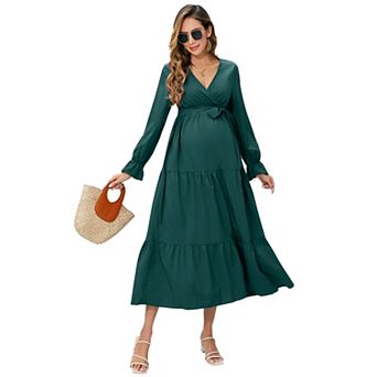 Women's Long Sleeve Wrap V Neck Boho Dress Ruffle Flowy Maxi Vacation Maternity Dresses