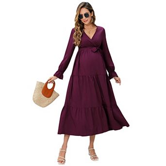 Women's Long Sleeve Wrap V Neck Boho Dress Ruffle Flowy Maxi Vacation Maternity Dresses