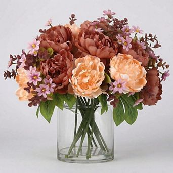 Artificial Peonies with Vase, Silk Faux Peony Bouquet with Glass Vase and Faux Water