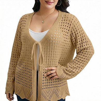 Women Plus Size Crochet Cardigan Lightweight Tie Front Long Sleeve Cover Up