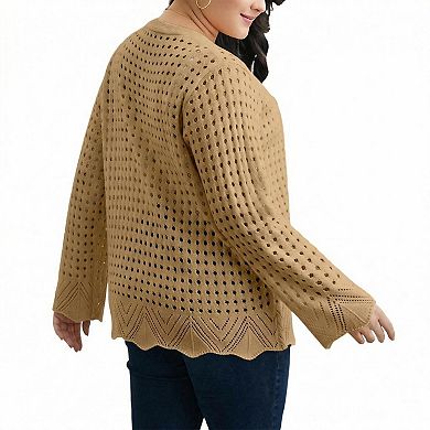Women Plus Size Crochet Cardigan Lightweight Tie Front Long Sleeve Cover Up