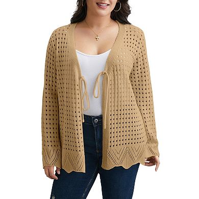 Women Plus Size Crochet Cardigan Lightweight Tie Front Long Sleeve Cover Up