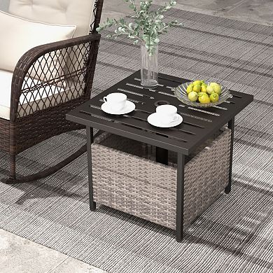 Outdoor Patio Rattan Wicker Side Table with Steel Frame for Deck