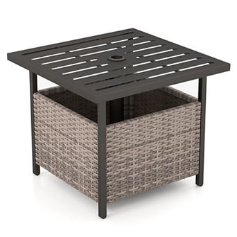 Outdoor Patio Rattan Wicker Side Table with Steel Frame for Deck