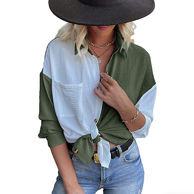 Women's Color Block Button Down Shirt - Long Sleeve Collared Casual Relaxed Fit Tunic Top