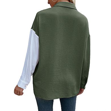 Women's Color Block Button Down Shirt - Long Sleeve Collared Casual Relaxed Fit Tunic Top