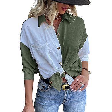 Women's Color Block Button Down Shirt - Long Sleeve Collared Casual Relaxed Fit Tunic Top