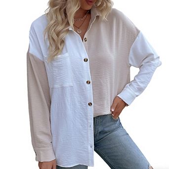 Women's Color Block Button Down Shirt - Long Sleeve Collared Casual Relaxed Fit Tunic Top