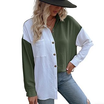Women's Color Block Button Down Shirt - Long Sleeve Collared Casual Relaxed Fit Tunic Top