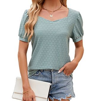 Women's Textured Square Neck Puff Short Sleeve Boho Top Eyelet Loose Fit Casual Summer Blouse Shirt
