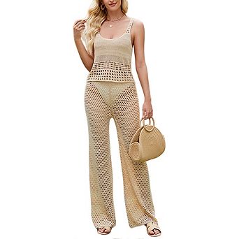 Womens 2 pc Crochet Swimsuit Sleeveless Tank Top Long Pants Set Beach Outfits