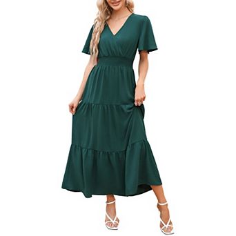 Women's V-Neck Tiered Maxi Dress Short Sleeve with Smocked Waist Ruffled Hem Floral Print Dress