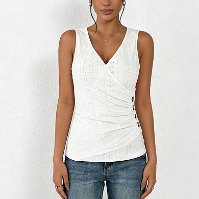 Women's Sleeveless V Neck Blouse, Ruched Wrap Fit Eyelet Embroidered Top