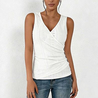 Women's Sleeveless V Neck Blouse, Ruched Wrap Fit Eyelet Embroidered Top