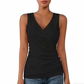 Women's Sleeveless V Neck Blouse, Ruched Wrap Fit Eyelet Embroidered Top