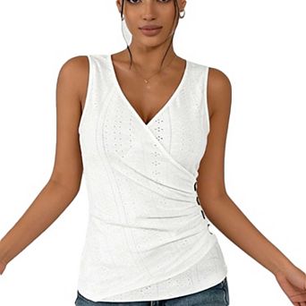 Women's Sleeveless V Neck Blouse, Ruched Wrap Fit Eyelet Embroidered Top
