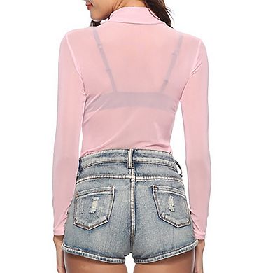 Womens Casual Fitted Mesh Blouse Mock Neck Long Sleeve Sheer See Through Lace Tops