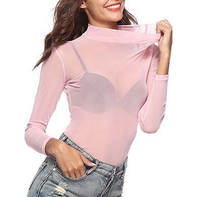 Womens Casual Fitted Mesh Blouse Mock Neck Long Sleeve Sheer See Through Lace Tops