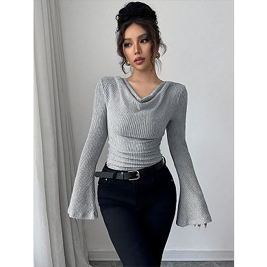 Women's Long Sleeve Off-Shoulder Slim Fit Top Ribbed Knit Bell Sleeve Solid Color Pullover