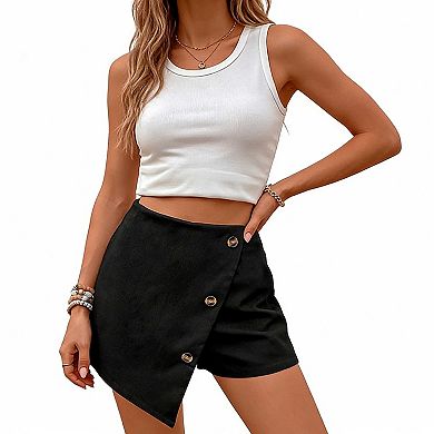 Women's High Waist Skort, Button Trim Wrap Front Asymmetric Skort for Office