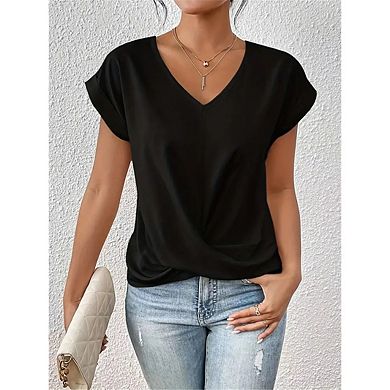 Women's Summer V-Neck T-Shirt With Twisted Hem Casual Short Sleeve Top
