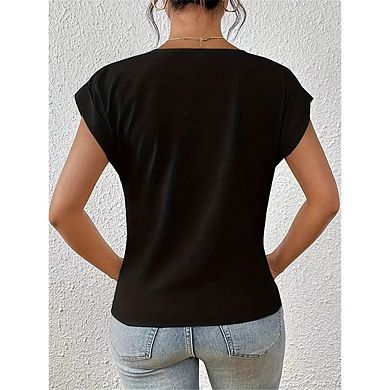 Women's Summer V-Neck T-Shirt With Twisted Hem Casual Short Sleeve Top