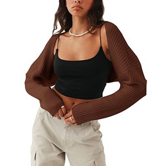 Women's Ribbed Knit Shrug Cropped Cardigan Long Sleeve Open Front Bolero Sweater for Layering