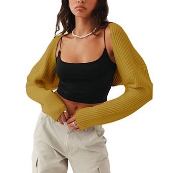 Women's Ribbed Knit Shrug Cropped Cardigan Long Sleeve Open Front Bolero Sweater for Layering