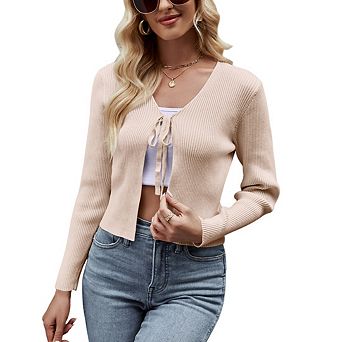 Womens Casual Long Sleeve Knitted Sweater Cardigan Tie Front Rib Knit Shrug Sweaters Cardigan