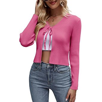 Womens Casual Long Sleeve Knitted Sweater Cardigan Tie Front Rib Knit Shrug Sweaters Cardigan