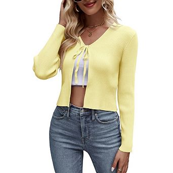 Womens Casual Long Sleeve Knitted Sweater Cardigan Tie Front Rib Knit Shrug Sweaters Cardigan