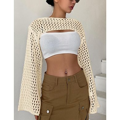 Womens Bell Sleeve Cropped Crochet Knit Pullover Sweater See Through Y2k Knit Sweater Beach Cover Up