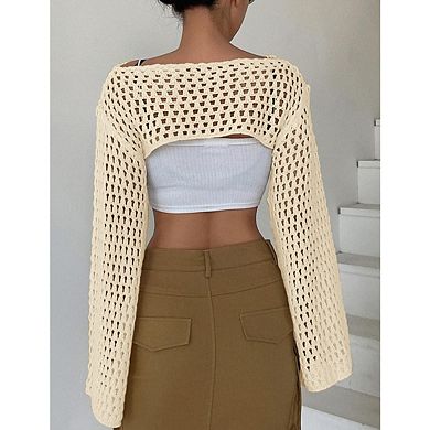 Womens Bell Sleeve Cropped Crochet Knit Pullover Sweater See Through Y2k Knit Sweater Beach Cover Up
