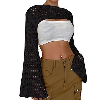 Womens Bell Sleeve Cropped Crochet Knit Pullover Sweater See Through Y2k Knit Sweater Beach Cover Up