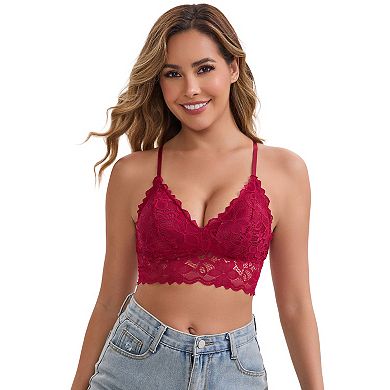 Women's Wireless Padded Push-Up Lace Camisole Deep-V Neck Adjustable Spaghetti Straps Triangle Bra