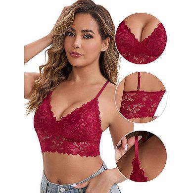 Women's Wireless Padded Push-Up Lace Camisole Deep-V Neck Adjustable Spaghetti Straps Triangle Bra