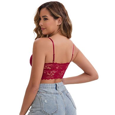 Women's Wireless Padded Push-Up Lace Camisole Deep-V Neck Adjustable Spaghetti Straps Triangle Bra