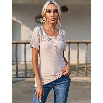 Women's Ribbed Knit Short Sleeve Summer Basic Blouses with Front Button