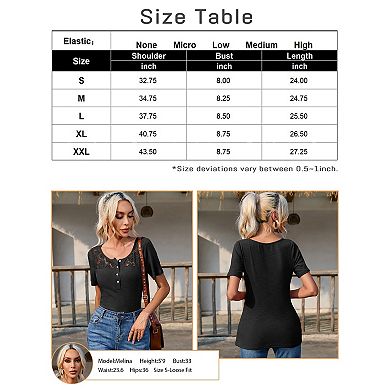 Women's Ribbed Knit Short Sleeve Summer Basic Blouses with Front Button