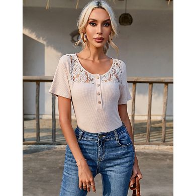 Women's Ribbed Knit Short Sleeve Summer Basic Blouses with Front Button