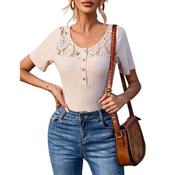 Women's Ribbed Knit Short Sleeve Summer Basic Blouses with Front Button