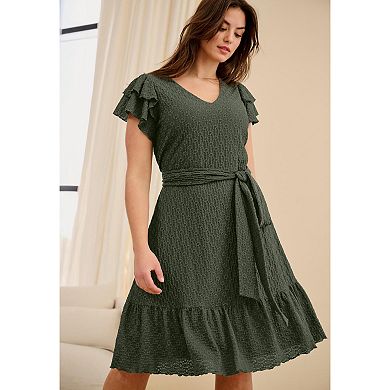 Ellos Plus Size Stretch Knit Tie Waist Ruffle Lace Dress