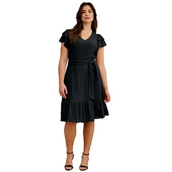 Ellos Plus Size Stretch Knit Tie Waist Ruffle Lace Dress