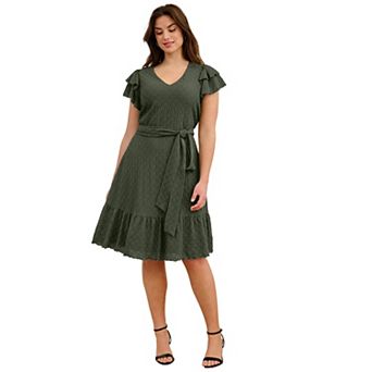 Ellos Plus Size Stretch Knit Tie Waist Ruffle Lace Dress