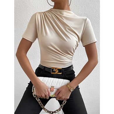 Women's Casual Slim Fit Blouse Ruched Mock Neck Short Sleeve Fitted Basic T Shirt Top
