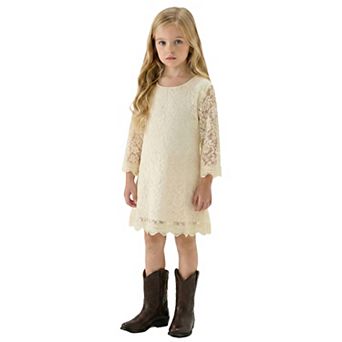 2Bunnies Girls' 12m-12yr Boho Rustic Vintage Lace Scalloped Hem 3/4 Sleeve Shift Dress