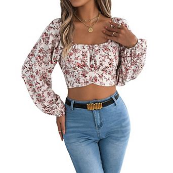 Women's Square Neck Floral Lantern Long Sleeve Crop Top Tie Waist Pleated Casual Fall Blouse