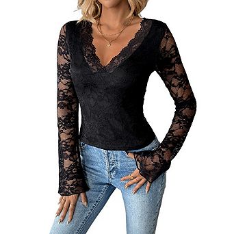 Women's Lace V Neck Long Sleeve Low Cut Crop Blouse Top Solid Color T Shirt